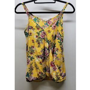 Pink Rose Yellow Floral V-neck Faux Wrap Double Spaghetti Strap Blouse Small